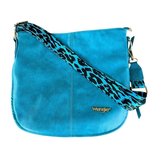 Wrangler Large Pebbled Crossbody Bag Leopard Guitar Strap Turquoise Black 14x12 - Picture 1 of 16